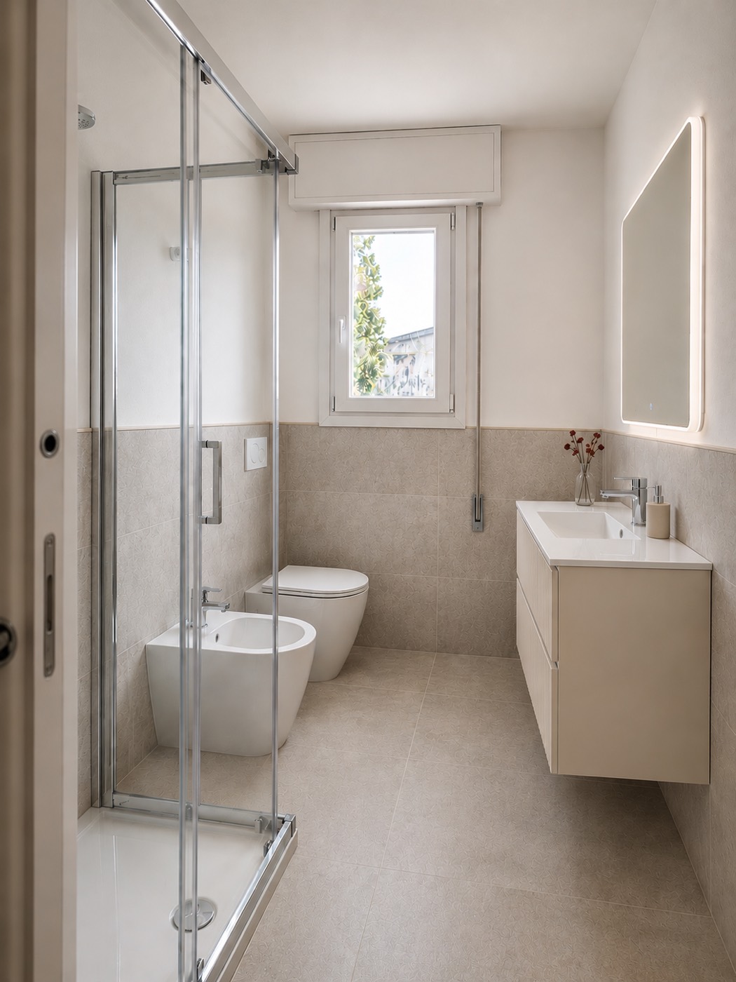 Il bagno finestrato ristrutturato: doccia, sanitari sospesi, mobile lavabo e specchio retroilluminato