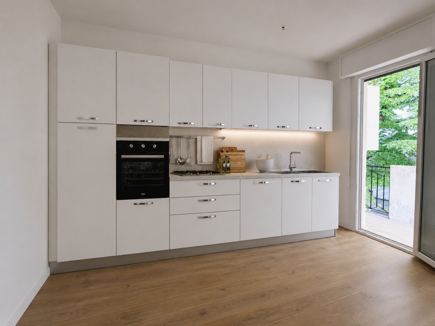Rendering: la cucina Rendering di progetto della cucina lineare bianca