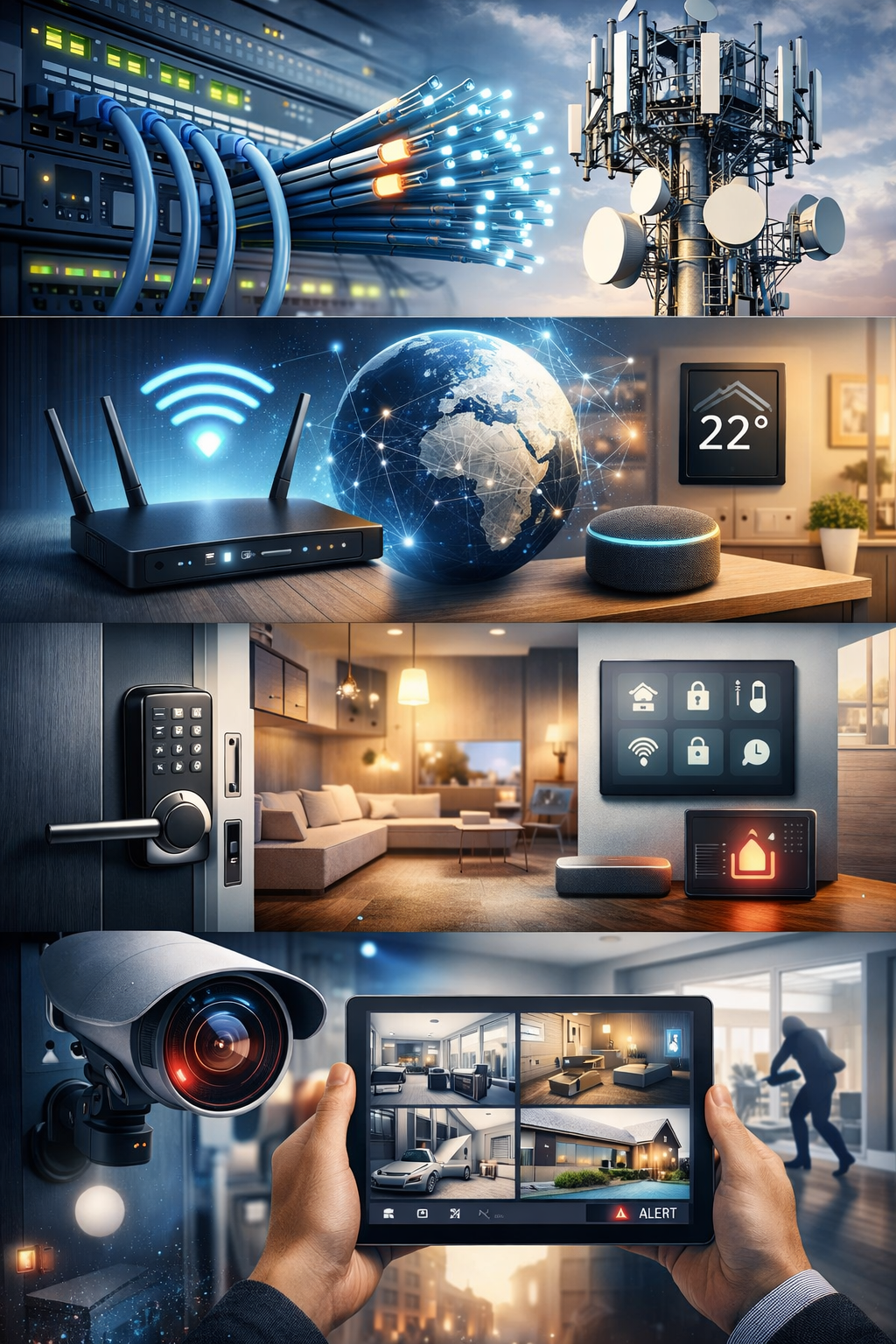 netcabling Illustrazione verticale NetCabling che mostra infrastrutture di rete, fibra ottica, Wi-Fi, domotica e sistemi di sicurezza integrati in un ambiente smart home e aziendale.