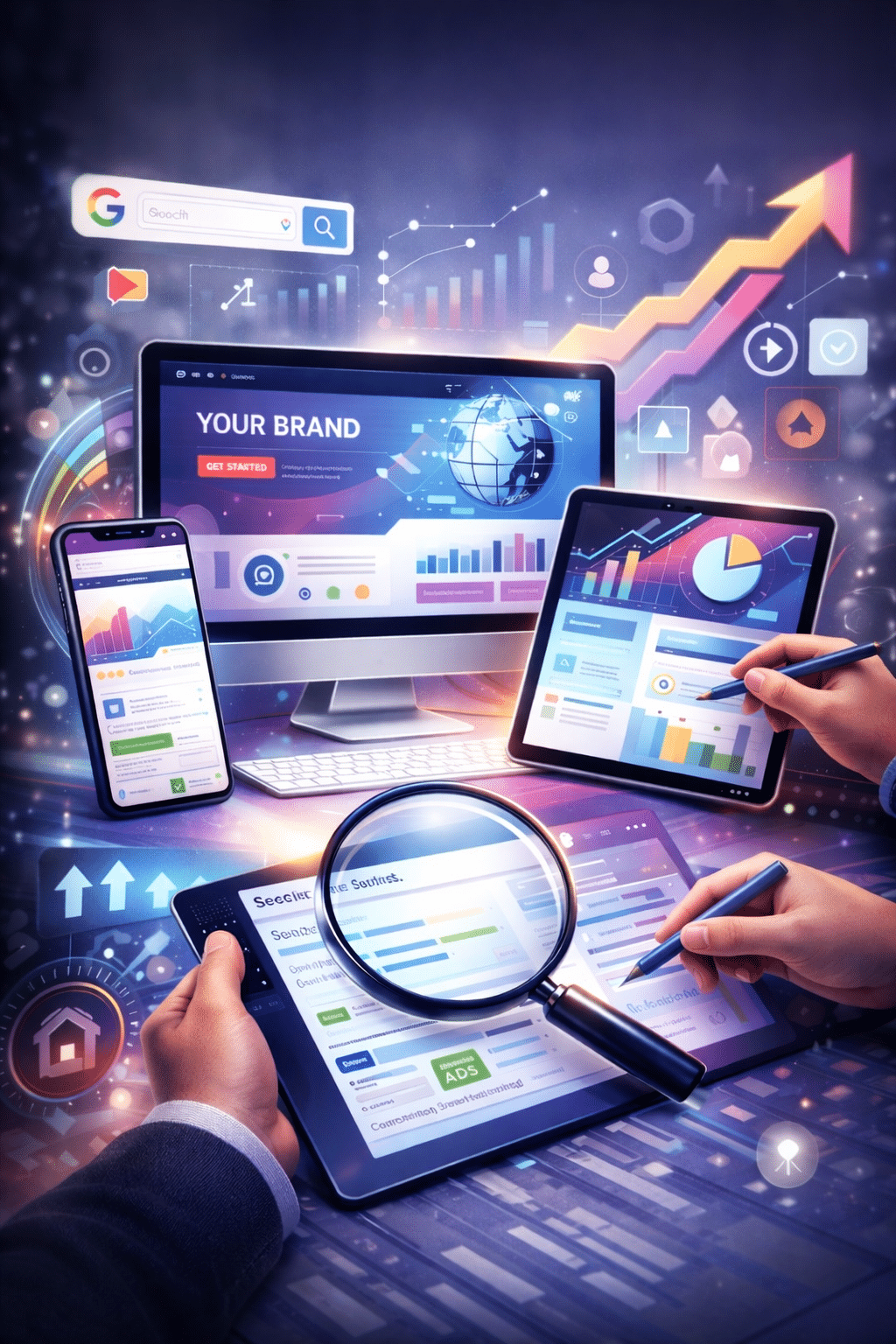 pro-web Soluzioni digitali e strumenti di web marketing professionale Postazione di lavoro moderna con computer, tablet e smartphone che mostrano dashboard di analytics e strumenti digitali per il marketing online.