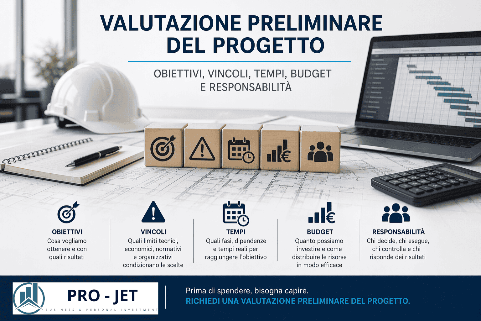 Valutazione preliminare del progetto con analisi di obiettivi, vincoli, tempi e budget