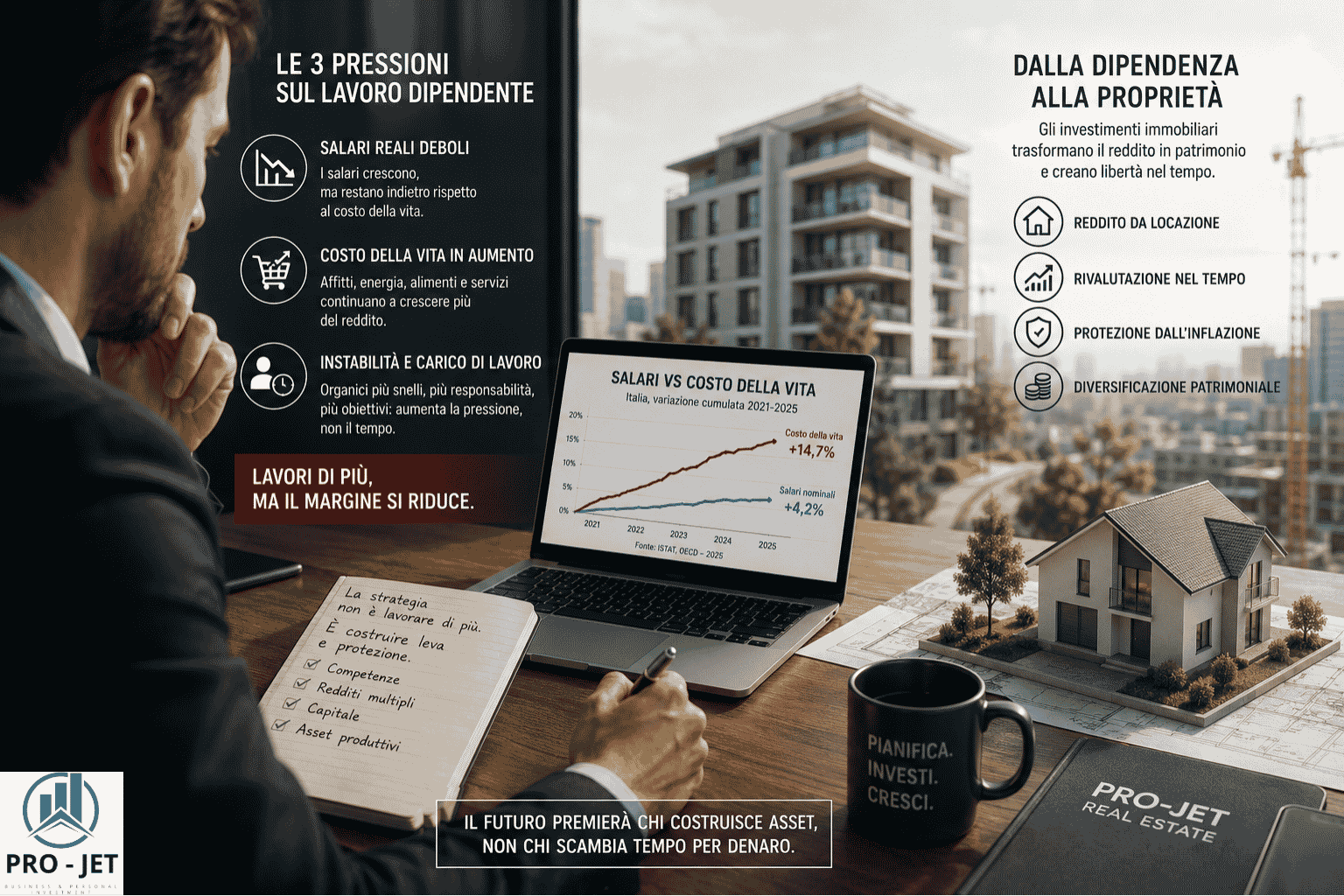 Professionista che analizza reddito lavoro e investimento immobiliare