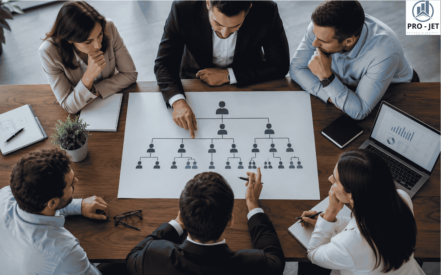 Gruppo di professionisti analizza un organigramma per definire ruoli, responsabilità e relazioni aziendali
