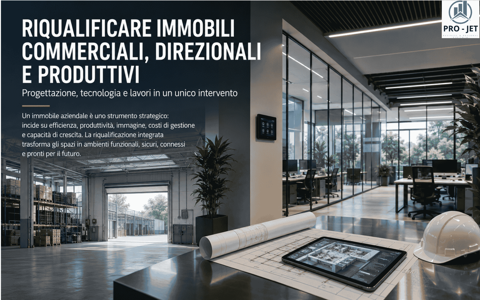 riqualificazione-immobili-commerciali-chiavi-in-mano Interno riqualificato di un immobile commerciale con uffici, impianti e infrastrutture tecnologiche integrate