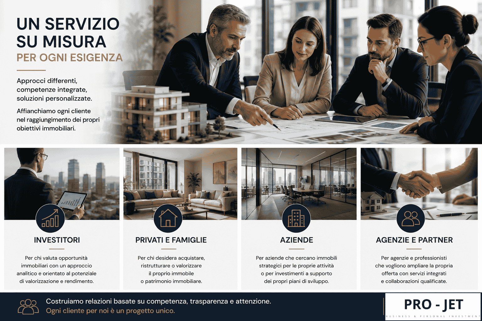 PRO-JET Real Estate supporta investitori, privati, aziende, agenzie e partner professionali nelle diverse esigenze immobiliari